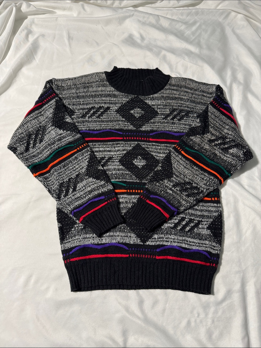 Vintage Fine Line Sweater Medium Black Grey Geometric Neon Stripes 90s Retro